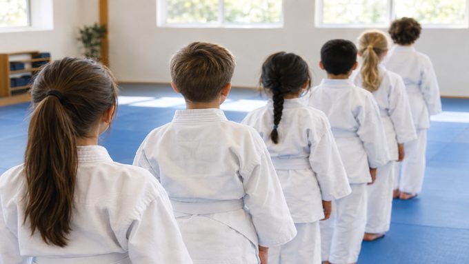 Children in white uniforms lined up on the mats during a martial arts class