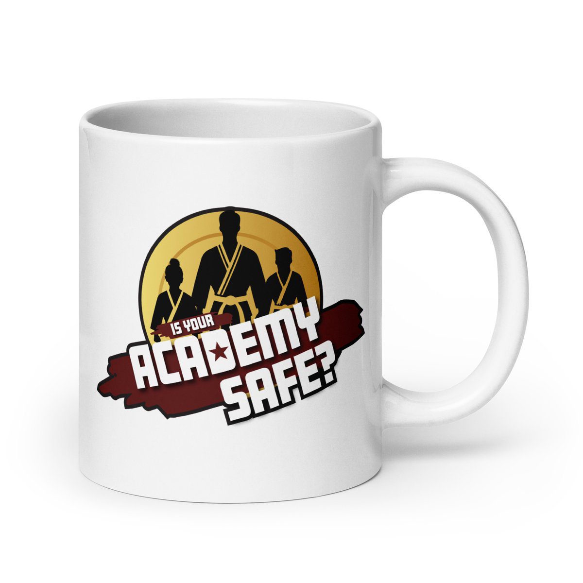 Academy Safe white glossy mug with logo on both sides, handle right view