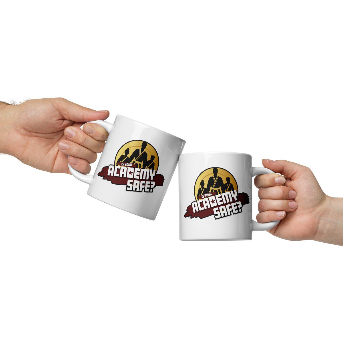 Academy Safe white glossy mug with logo on both sides, two mugs view