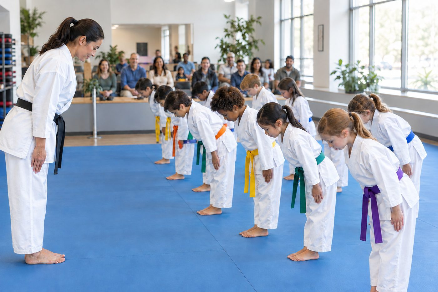 Woman instructor leading a kids martial arts class at an academy that follows the 8 Pillars of Protection