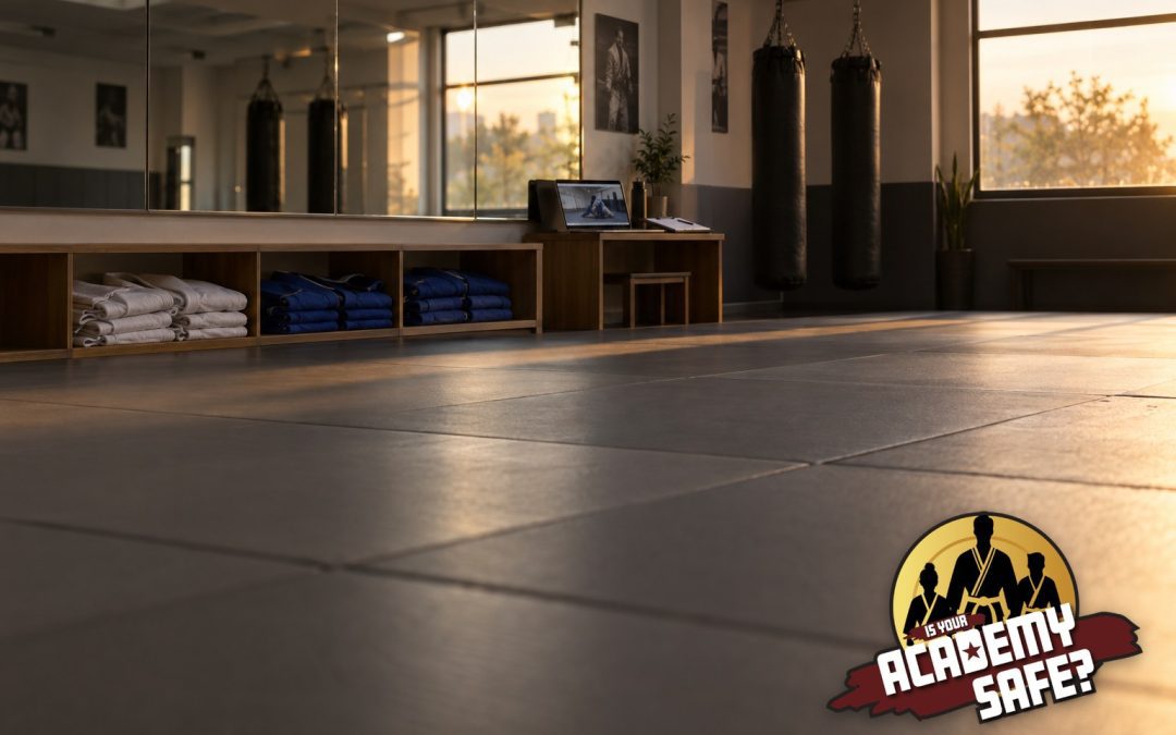 Jiu-jitsu training room with gray mats, mirrors and heavy bags in afternoon light, illustrating U.S. Center for SafeSport training for martial arts coaches