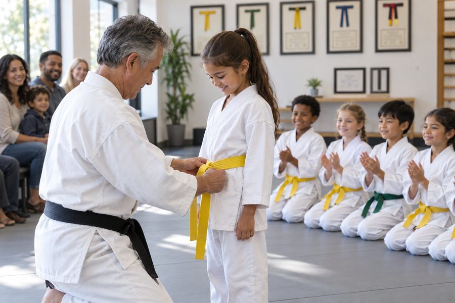 Black belt instructor tying a new belt on a young student during a promotion ceremony