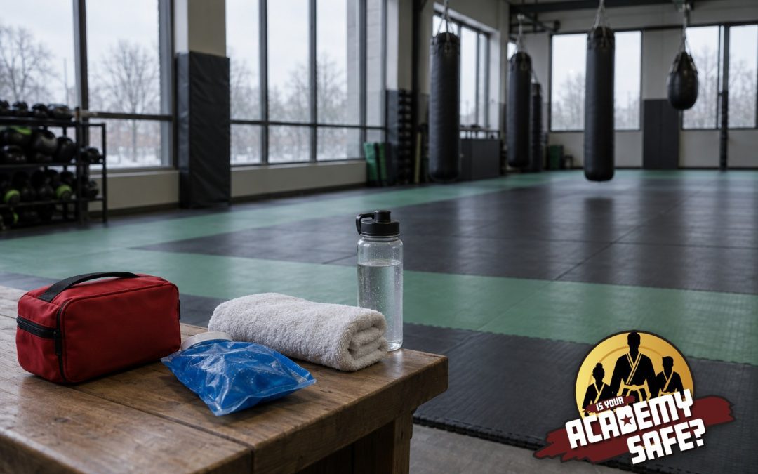 Empty martial arts gym with a first aid kit and ice pack on a bench, a reminder to watch for concussion signs in kids martial arts