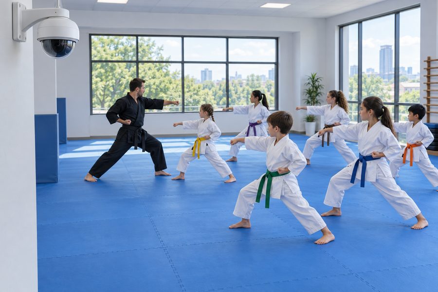 Security camera overlooking a kids karate class, part of the 8 Pillars of Protection